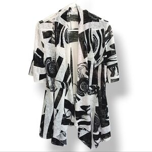 Black and White Abstract Art Waterfall Collar Cardigan Stretchy Knit Free Size